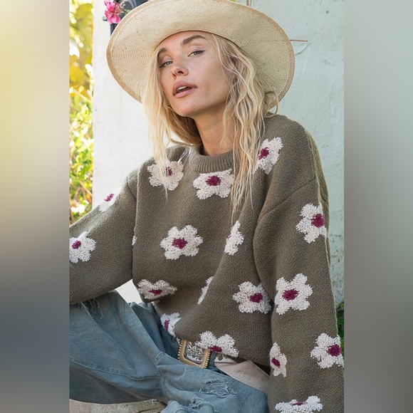 498. POL LAST 1! oversized olive green cream Berber flower Sweater Chunky - Picture 4 of 5